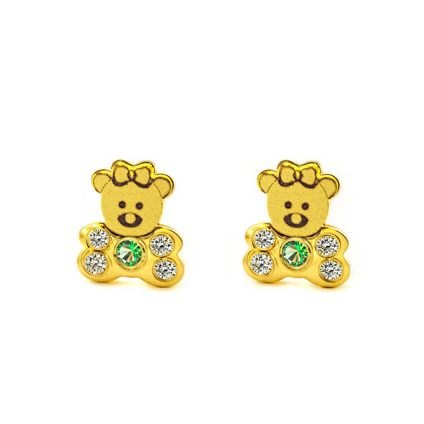 18ct Yellow Gold Baby Girl Bear Cubic Zirconia and Synthetic Emerald Matte and Shine Earrings