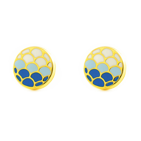 Pendientes Mujer-Niña Oro Amarillo 9K Redondo Esmalte Azul Brillo
