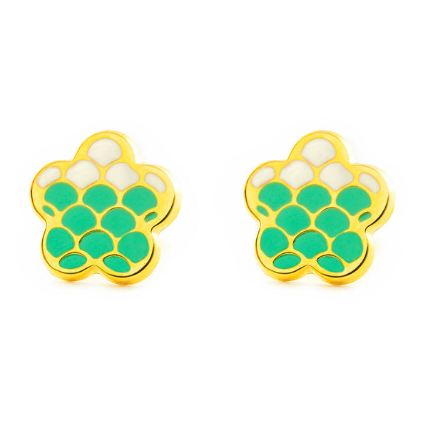 Pendientes Mujer-Niña Oro Amarillo 9K Flor Esmalte Verde Brillo