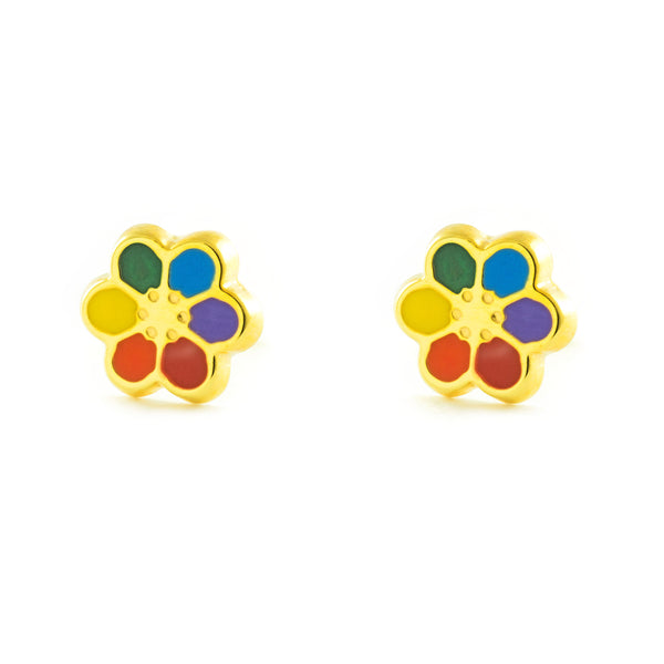 Pendientes Niña Oro Amarillo 9K Flor Esmalte Multicolor Brillo