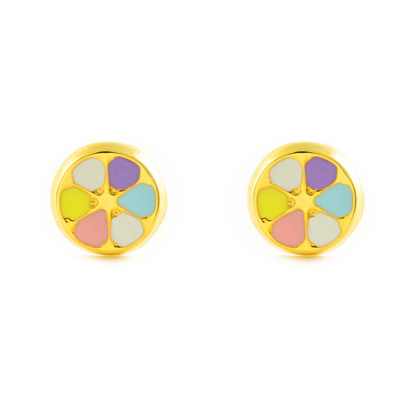 Pendientes Niña Oro Amarillo 9K Redondo Esmalte Multicolor Brillo