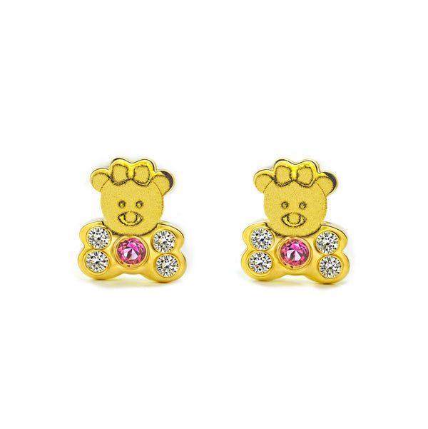 18ct Yellow Gold Baby Girl Bear Cubic Zirconia and Synthetic Ruby Matte and Shine Earrings