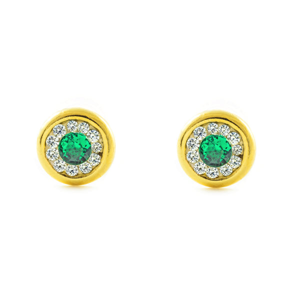 Orecchini Donna Ragazza Oro Giallo 9K Chaton Rotondo Zircone e Smeraldo Sintetico Brillante