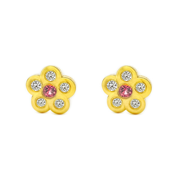 18ct Yellow Gold Daisy Flower Cubic Zirconia and Synthetic Ruby Baby Girls Earrings shine