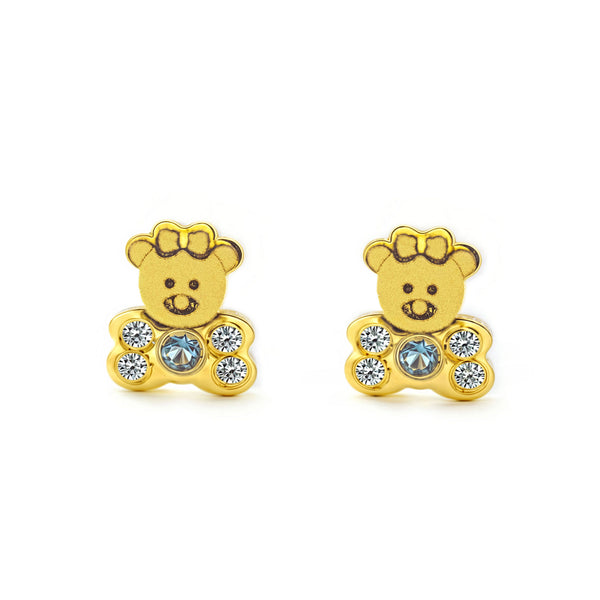 18ct Yellow Gold Baby Girl Bear Cubic Zirconia and Synthetic Sapphire Matte and Shine Earrings