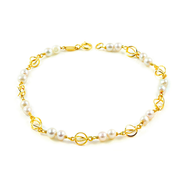 Bracciale Ragazza Oro Giallo 9K Perla Roton4 mm Cestino Brillante do 18 cm