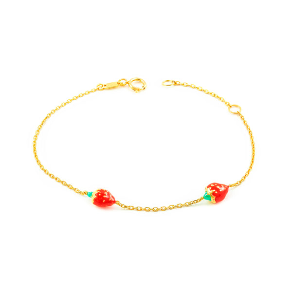 Pulsera Niña Oro Amarillo 9K Esmalte Fresas Multicolor Brillo 15 cm