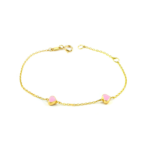 Bracciale Ragazza Oro Giallo 9K Smalto Cuori Rosa Brillante 15 cm