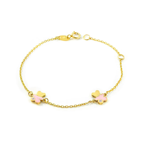 Braccialetto Bambina Oro Giallo 9K Smalto Orso Zircone Rosa Brillante 14 cm