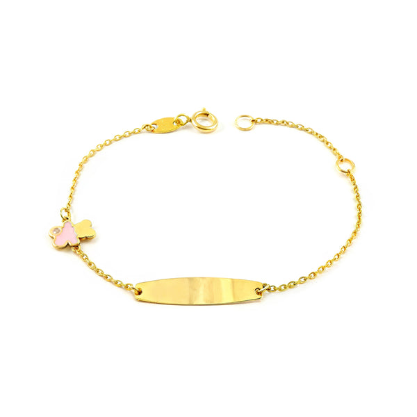 Braccialetto Bambina Oro Giallo 9K Personalizzato Schiava Orso Zircone Rosa Lucido 14 cm