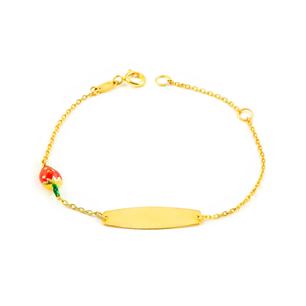 Pulsera Niña Oro Amarillo 9K Esmalte Esclava Fresas Rojo-Verde Brillo 14 cm