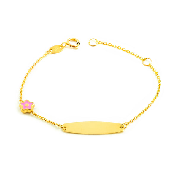 Bracciale Ragazza Oro Giallo 9K Smalto Schiava Fiore Rosa Brillante 14 cm
