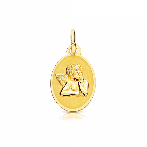 Medalla Oro Amarillo 9K Personalizada Angel Oval Mate y Brillo 15 x 10 mm
