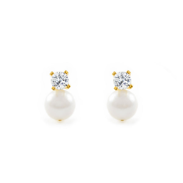 Pendientes Niña Oro Amarillo 18K Tu y Yo Perla Redonda 4 mm Circonita Brillo