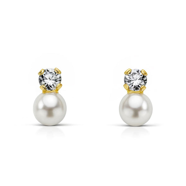 Pendientes Bebe Oro Amarillo 18K Tu y Yo Perla Redonda 3 mm Circonita Brillo