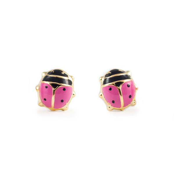 Pendientes Niña Oro Amarillo 9K Mariquita Esmalte Rosa-Negro Brillo
