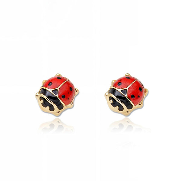 Pendientes Niña Oro Amarillo 18K Mariquita Esmalte Rojo-Negro Brillo