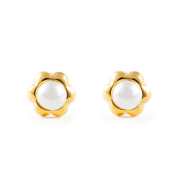 Pendientes Bebe Oro Amarillo 18K Perla Redonda 2,5 mm Flor Margarita Brillo