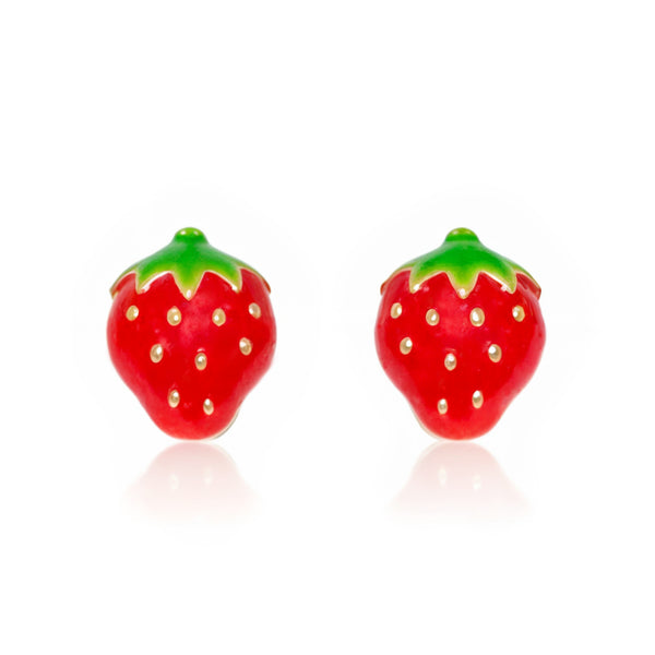 Pendientes Niña Oro Amarillo 9K Fresas Esmalte Rojo-Verde Brillo