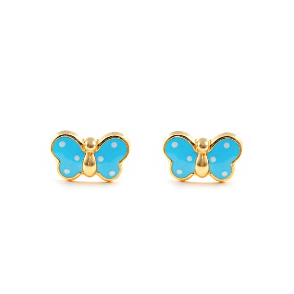 Pendientes Bebe-Niña Oro Amarillo 18K Mariposa Esmalte Azul Claro Brillo