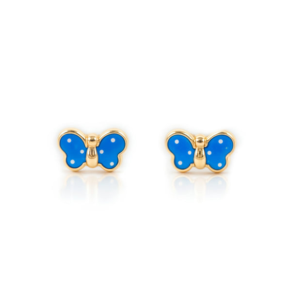 Orecchini bambini ragazza Smalto Blu Intenso Farfalla Oro Giallo 18K