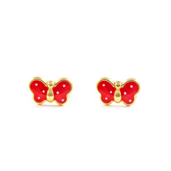 Pendientes Bebe-Niña Oro Amarillo 9K Mariposa Esmalte Rojo Brillo