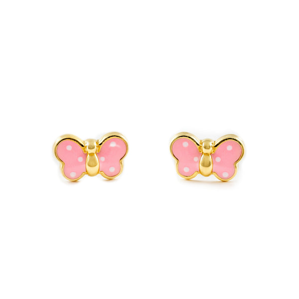 Orecchini bambini ragazza Smalto rosa chiaro Farfalla Oro Giallo 18K