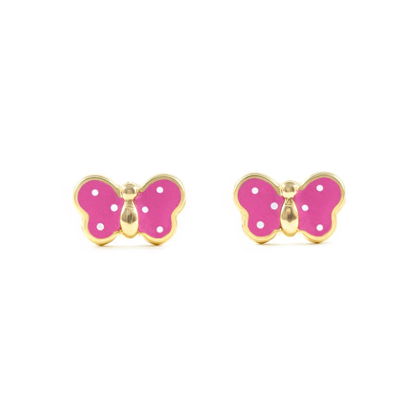 Orecchini bambini ragazza Smalto Rosa Intenso Farfalla Oro Giallo 18K
