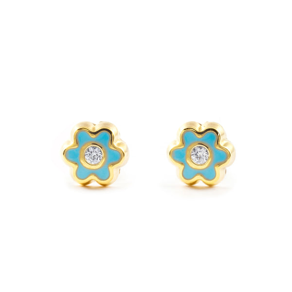 Orecchini bambini ragazza Smalto Blu fiore margherita Zircone Oro Giallo 18K