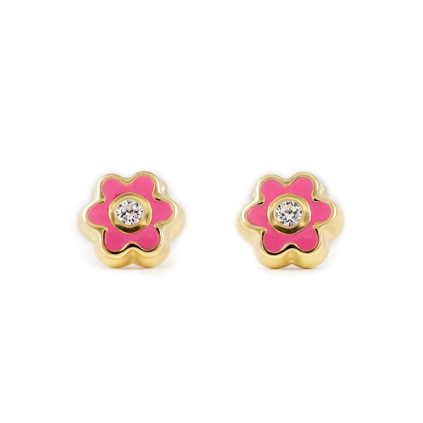 Orecchini bambini ragazza Smalto Rosa Intenso fiore margherita Zircone Oro Giallo 18K