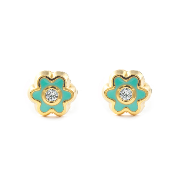 Orecchini bambini ragazza Smalto verde fiore margherita Zircone Oro Giallo 18K