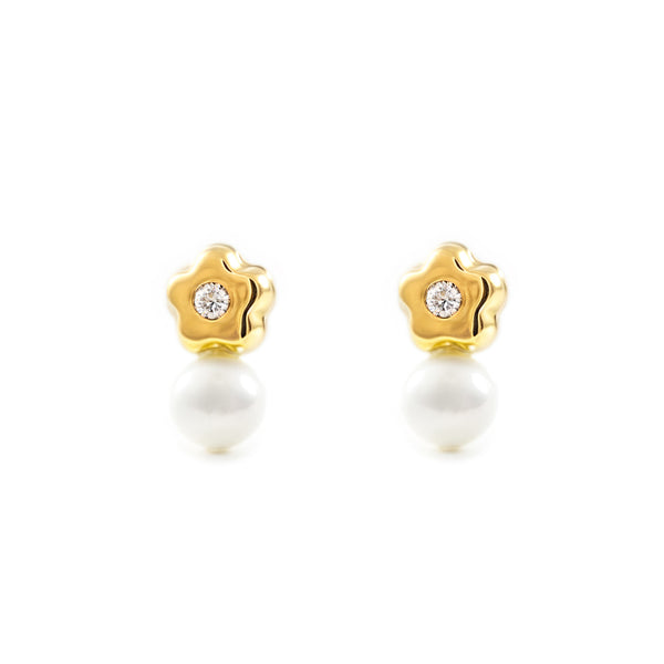 Pendientes Bebe-Niña Oro Amarillo 18K Tu y Yo Perla Redonda 3 mm Flor Margarita Circonita Brillo