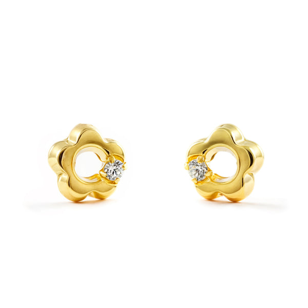 Pendientes Bebe-Niña Oro Amarillo 18K Flor Margarita Circonita Brillo