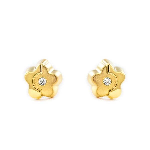 Pendientes Bebe Oro Amarillo 18K Flor Margarita Circonita Mate y Brillo