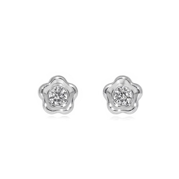 Pendientes Bebe Oro Blanco 18K Flor Margarita Circonita Brillo
