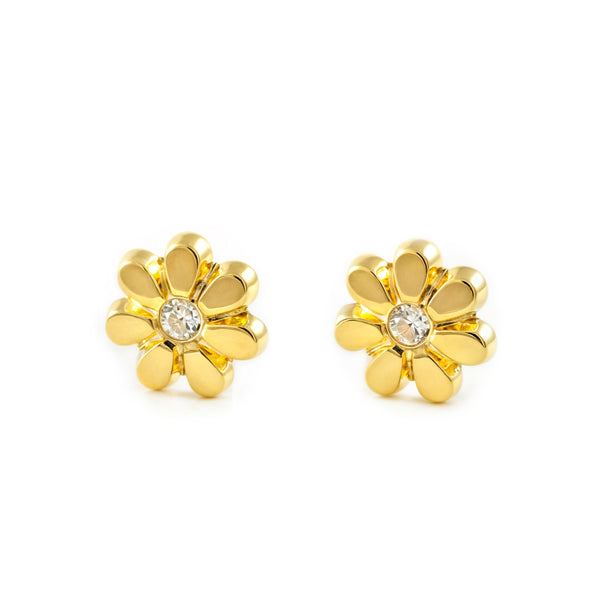 Pendientes Bebe-Niña Oro Amarillo 18K Flor Margarita Circonita Brillo