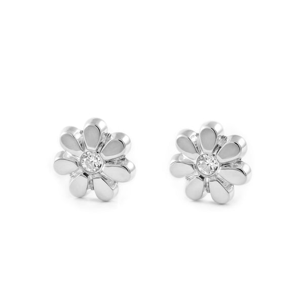 Pendientes Bebe-Niña Oro Blanco 18K Flor Margarita Circonita Brillo