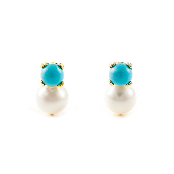 Pendientes Bebe Oro Amarillo 18K Tu y Yo Perla Redonda 3 mm Turquesa 2 mm Brillo