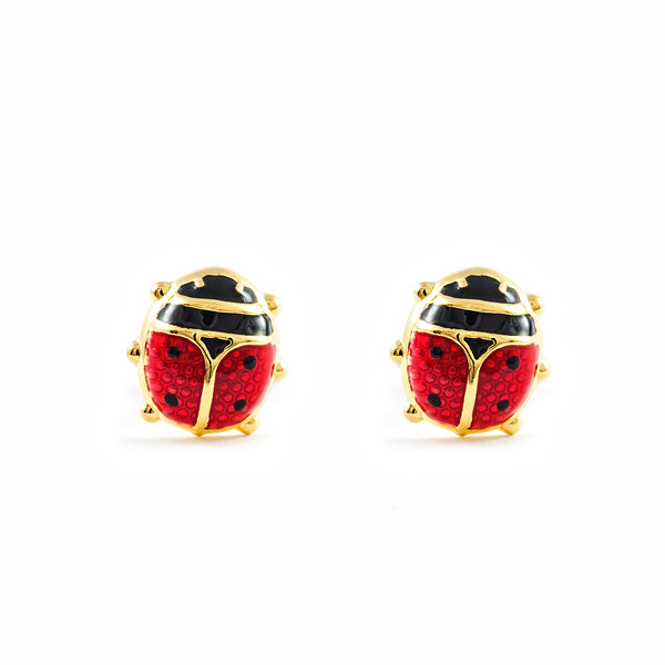 Orecchini ragazza donna Smalto Rosso-Nero Coccinella Oro Giallo 9K