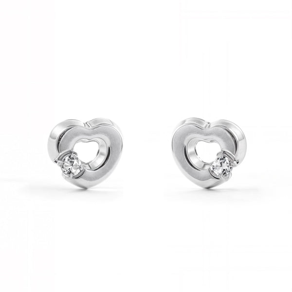 Pendientes Bebe-Niña Oro Blanco 18K Corazón Circonita Brillo