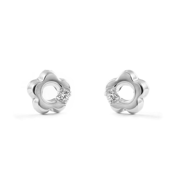 Pendientes Bebe-Niña Oro Blanco 18K Flor Margarita Circonita Brillo