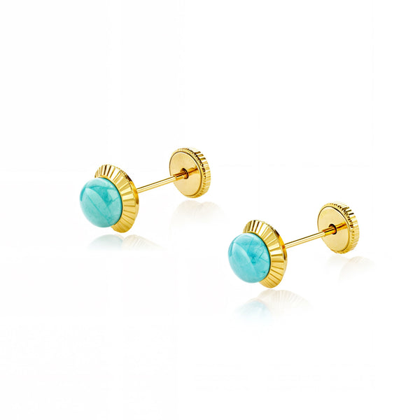 Pendientes Bebe-Niña Oro Amarillo 18K Orla Redondo Turquesa 3 mm Tallados