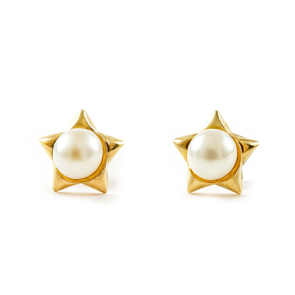 Pendientes Bebe Oro Amarillo 18K Perla Redonda 2,5 mm Estrella Brillo