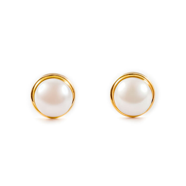 Pendientes Bebe Oro Amarillo 18K Orla Perla Redonda 4 mm Redondo Brillo