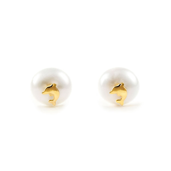 Pendientes Bebe-Niña Oro Amarillo 18K Perla Botón 5 mm Delfín Brillo