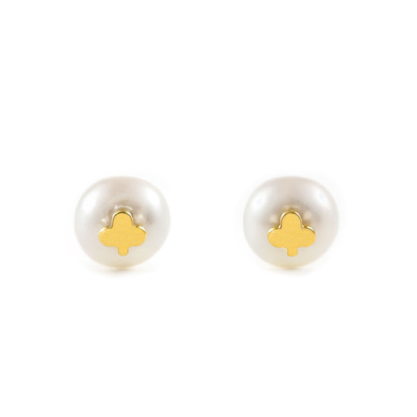 Pendientes Niña Oro Amarillo 18K Perla Botón 5,5 mm Trebol Brillo