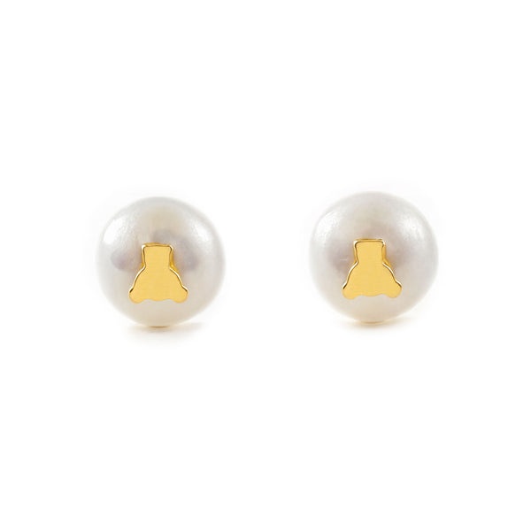 Pendientes Niña Oro Amarillo 18K Perla Botón 6 mm Oso Brillo