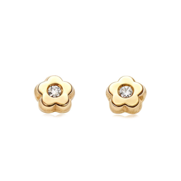 Pendientes Bebe Oro Amarillo 18K Flor Margarita Circonita Brillo