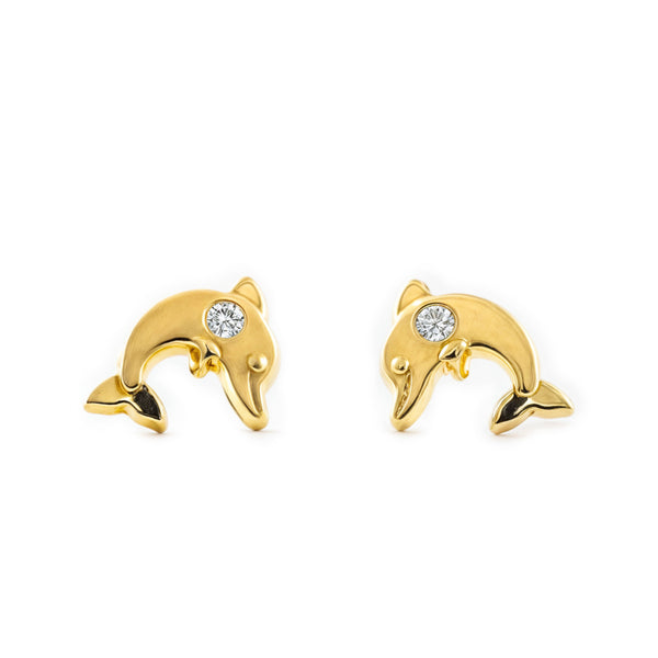 Pendientes Niña Oro Amarillo 18K Delfín Circonita Brillo