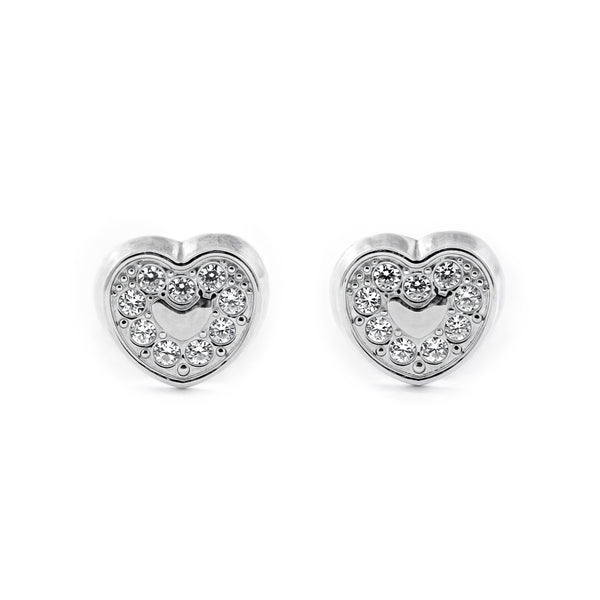 Pendientes Niña Oro Blanco 18K Corazón Circonitas Brillo
